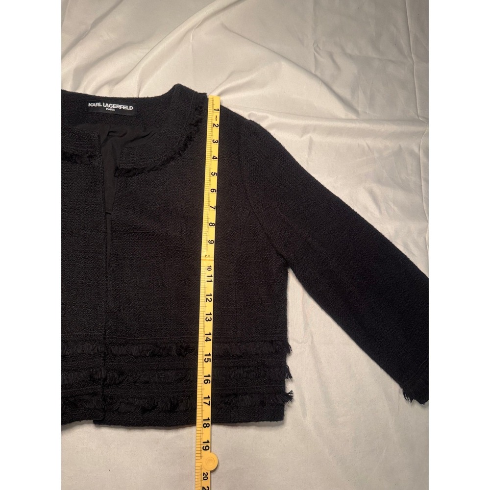 Karl Lagerfeld Paris Jacket Womens Black Cropped Fringe Trim Luxury Tweed Blazer - Picture 3 of 6